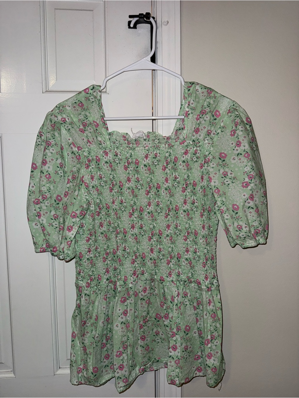 Chic Soul Mint Green Floral Smocked Peasant Top